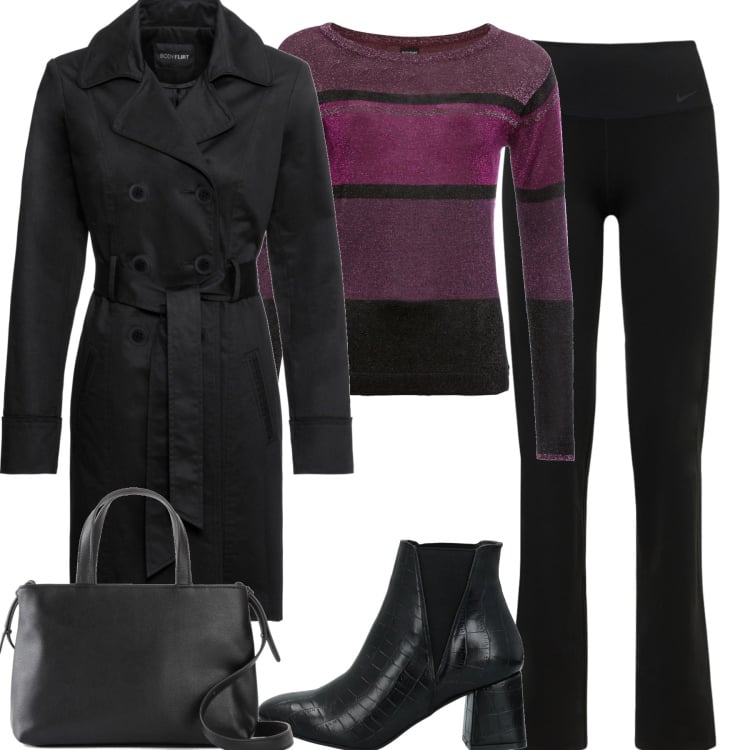 Outfit donna - Il pull viola a righe. Stile Casual per Tutti i giorni. Abbinamento con maglieria, trench, borse a mano, stivaletti, pantaloni.