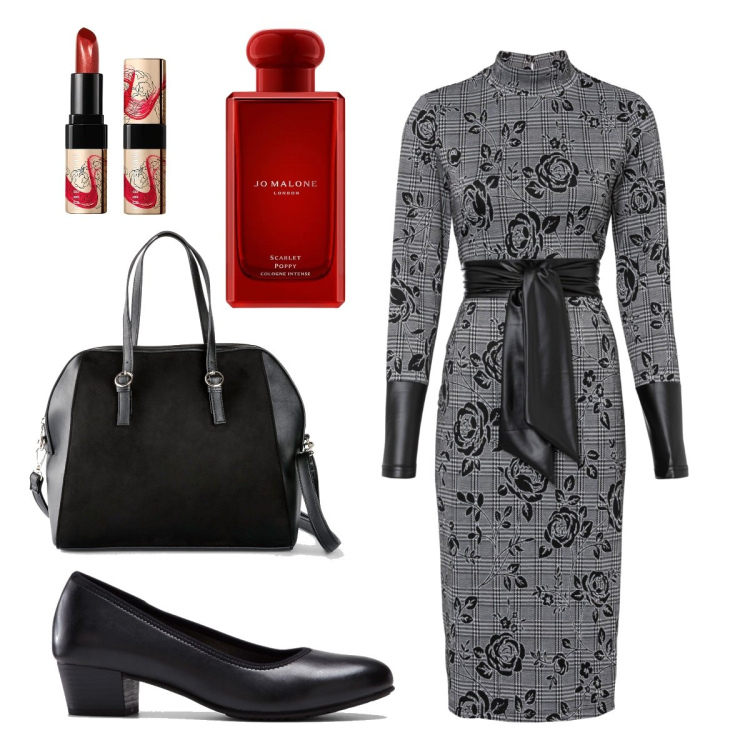 Outfit donna - Labbra rosse. Stile Casual chic per Serata fuori. Abbinamento con décolleté, vestiti midi/longuette, borse a mano, rossetti, profumi.