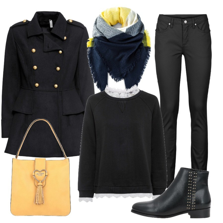Outfit donna - Un tocco di giallo. Stile Basic per Tutti i giorni. Abbinamento con jeans skinny, felpe, cappotti, foulard, stivaletti, borse a mano.
