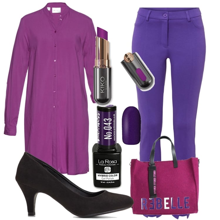 Outfit donna - Sfumature di viola. Stile Glamour per Tutti i giorni. Abbinamento con borse a mano, pantaloni, décolleté, camicie, rossetti, smalti.
