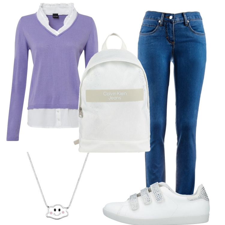 Outfit donna - Total look #1452729. Stile Casual chic per Scuola/Università. Abbinamento con jeans dritti, maglieria, sneakers, zaini, collane.