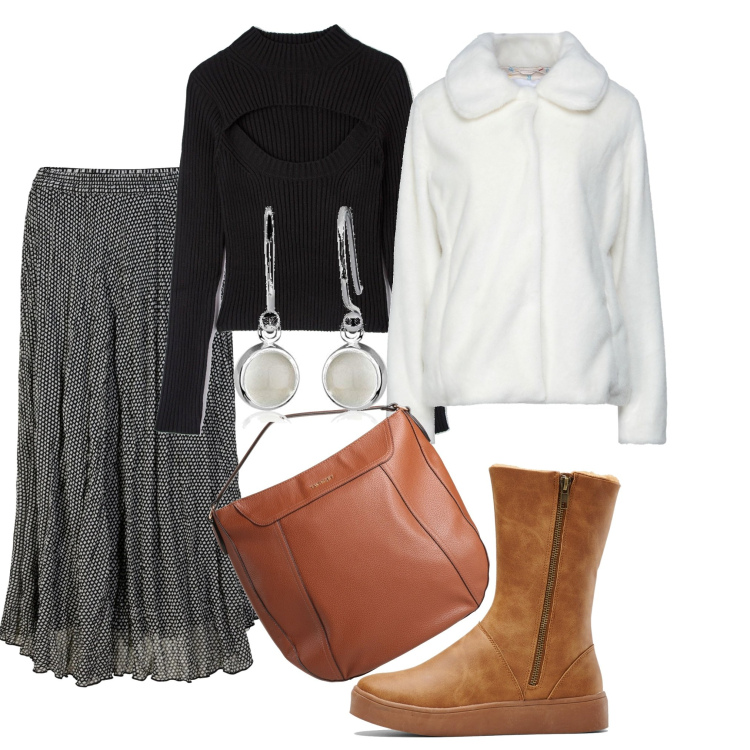 Outfit donna - Una gonna leggera. Stile Urban per Tutti i giorni. Abbinamento con stivali, gonne, cappotti, borse a mano, maglieria, orecchini.