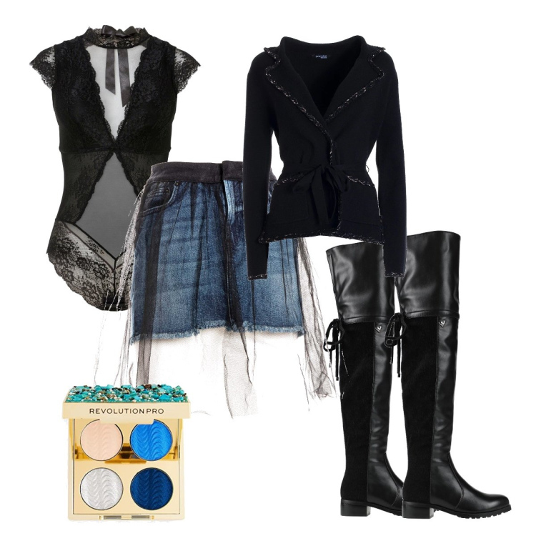 Outfit donna - Gli stivali cuissardes. Stile Trendy per Serata fuori. look ideale per Tall. Abbinamento con body, stivali, blazer, minigonne, ombretti.