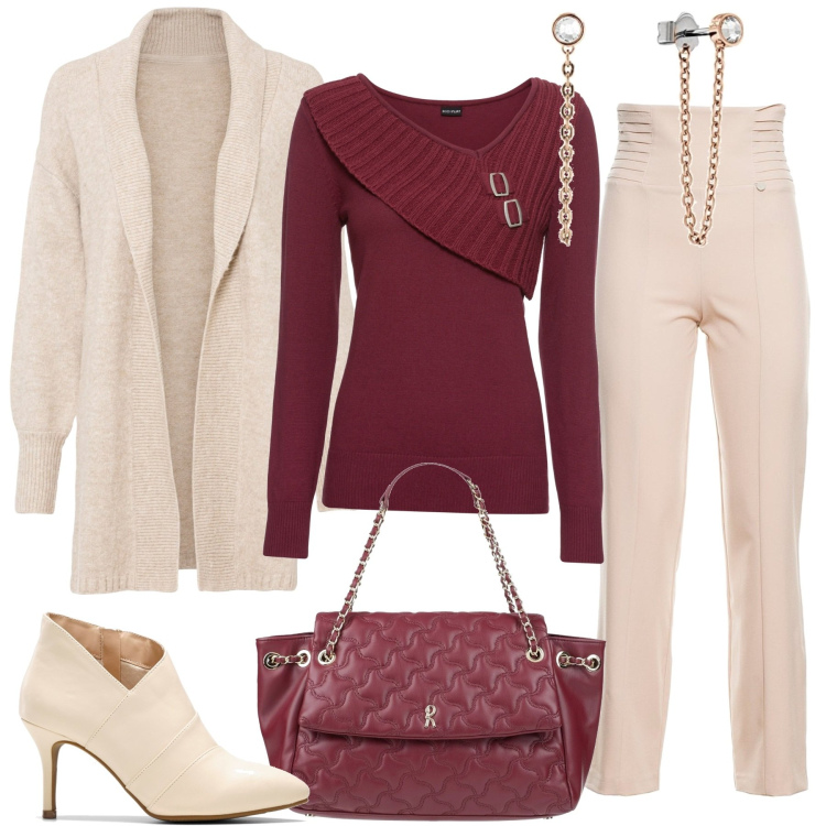 Outfit donna - La donna chic. Stile Chic per Ufficio. Abbinamento con maglieria, cardigans, stivaletti, borse a mano, pantaloni, orecchini.