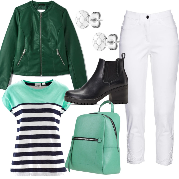 Outfit donna - In verde. Stile Casual chic per Scuola/Università. Abbinamento con stivaletti chelsea, jeans, t-shirt, zaini, cappotti, orecchini.