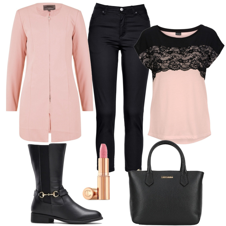 Outfit donna - La borsa per il weekend. Stile Chic per Tutti i giorni. Abbinamento con pantaloni, stivali, blazer, maglieria, borse a mano, rossetti.