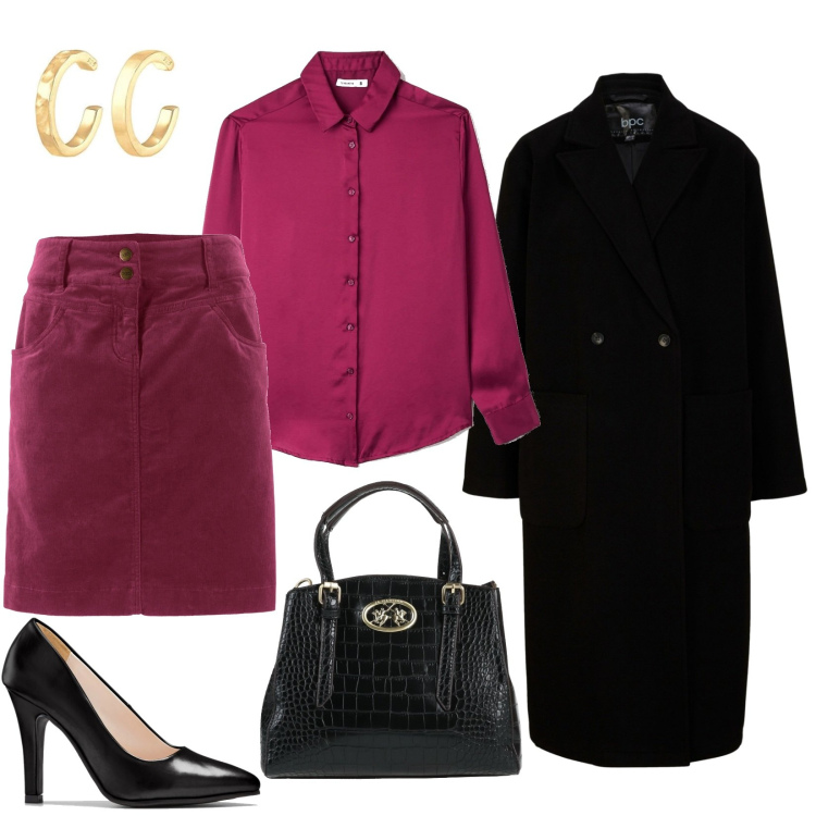 Outfit donna - In ufficio con sobrietà. Stile Bon Ton per Ufficio. Abbinamento con gonne lunghe, décolleté, cappotti, borse a mano, camicie, orecchini.