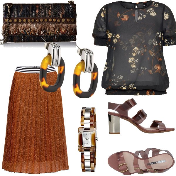 Outfit donna - Urban #5772. Stile Urban per Tutti i giorni. Abbinamento con gonna contrasto plissè in maglina arancione, sandali con tacco squadrato e fibbia interno in pelle con punta tonda tinta unita, top con stampa collo tondo a maniche corte nero, orologio, orecchini a perno, shopping bag taglia unica marrone.