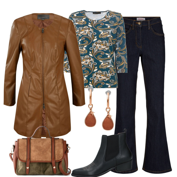Outfit donna - Il cappotto in ecopelle. Stile Vintage retrò per Tutti i giorni. Abbinamento con jeans bootcut, blazer, maglieria, borse a mano, stivaletti, orecchini.