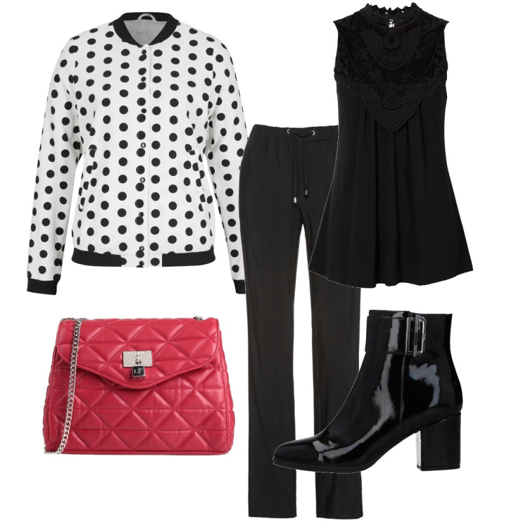Outfit donna - Con il bomber a pois. Stile Bon Ton per Serata fuori. Abbinamento con stivaletti, borse a tracolla, pantaloni, top, bomber.