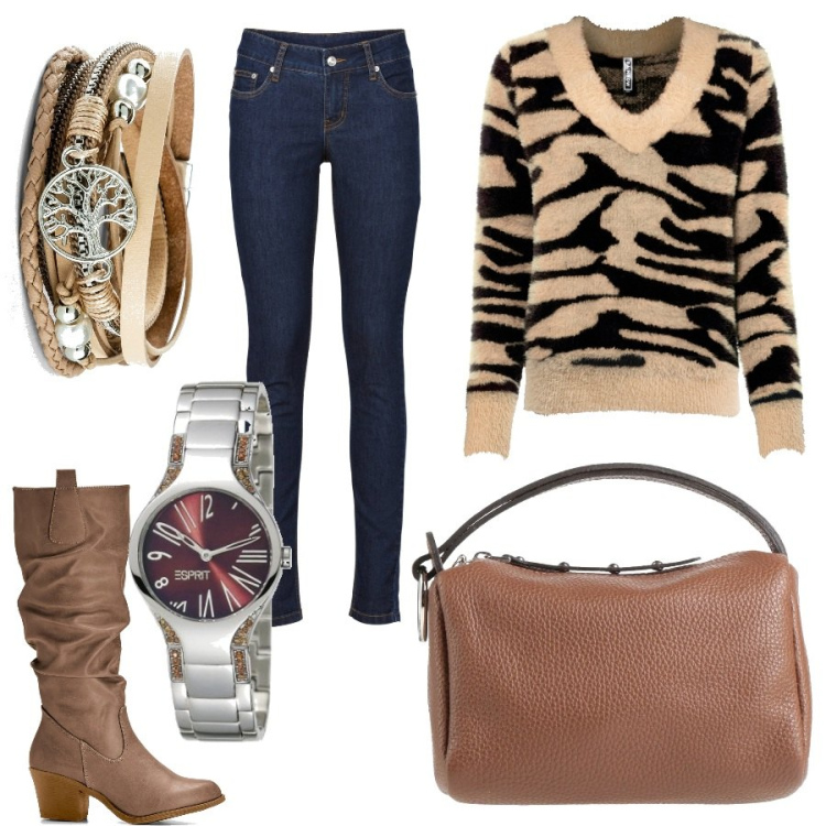 Outfit donna - Total look #1453076. Stile Casual per Tutti i giorni. Abbinamento con stivali, jeans skinny, braccialetti, maglieria, borse a mano, orologi.