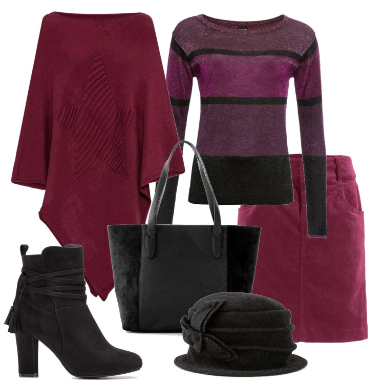 Outfit donna - Toni bordeaux. Stile Casual chic per Tutti i giorni. Abbinamento con maglieria, gonne lunghe, shopping bag, cappotti, stivaletti, cappelli.