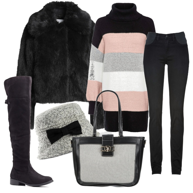 Outfit donna - Grigio e rosa. Stile Minimal per Tutti i giorni. Abbinamento con maglieria, jeans skinny, cappelli con visiera, stivali sopra il ginocchio, cappotti, borse a mano.