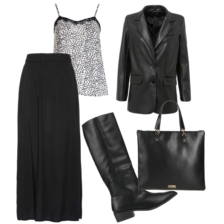 Outfit donna - Casual black. Stile Casual chic per Tutti i giorni. look ideale per Tall. Abbinamento con stivali, borse a mano, blazer, gonne lunghe, top.