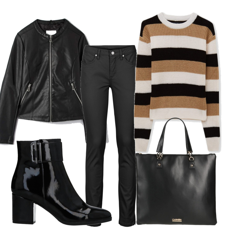 Outfit donna - Righe sulla maglia. Stile Basic per Scuola/Università. Abbinamento con jeans skinny, stivaletti, borse a mano, cappotti, maglieria.