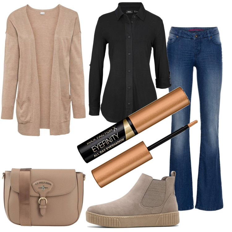 Outfit donna - Buongiorno. Stile Urban per Tutti i giorni. Abbinamento con jeans bootcut, camicie, stivaletti, cardigans, borse a tracolla, ombretti.