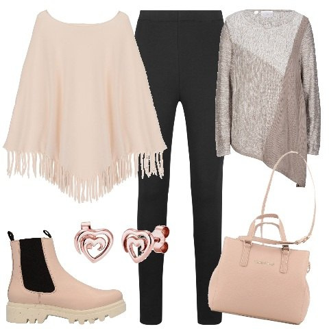 Outfit donna - casual chic. Stile Casual chic per Ufficio. Abbinamento con leggings, maglieria, stivaletti, borse a tracolla, cappotti, orecchini.