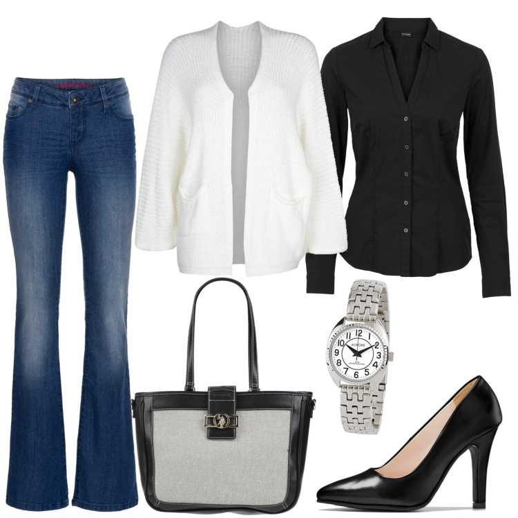 Outfit donna - Casual chic #23632. Stile Casual chic per Ufficio. Abbinamento con jeans bootcut, camicie, décolleté, borse a mano, cardigans, orologi analogici.