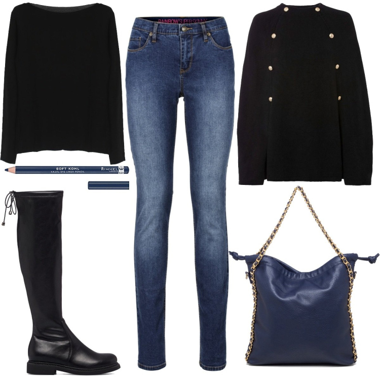 Outfit donna - Super Trendy con Cuissardes e Mantella. Stile Trendy per Tutti i giorni. Abbinamento con jeans skinny, cappotti, maglieria, stivali, borse a spalla, eyeliner.