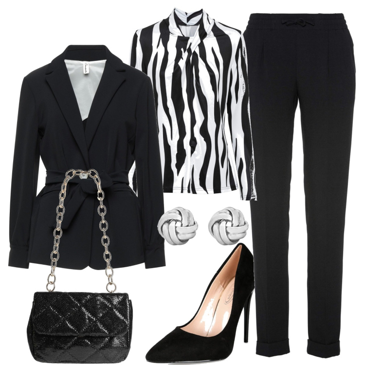 Outfit donna - In ufficio chic. Stile Casual chic per Ufficio. Abbinamento con pantaloni, maglieria, borse a spalla, blazer, décolleté, orecchini.