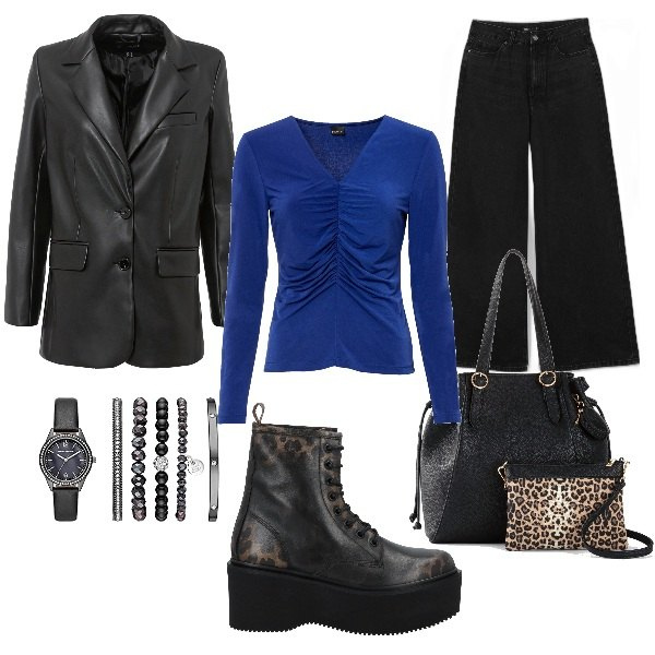 Outfit donna - Commissioni in città. Stile Urban per Tutti i giorni. Abbinamento con stivaletti, blazer, maglieria, shopping bag, jeans, orologi.