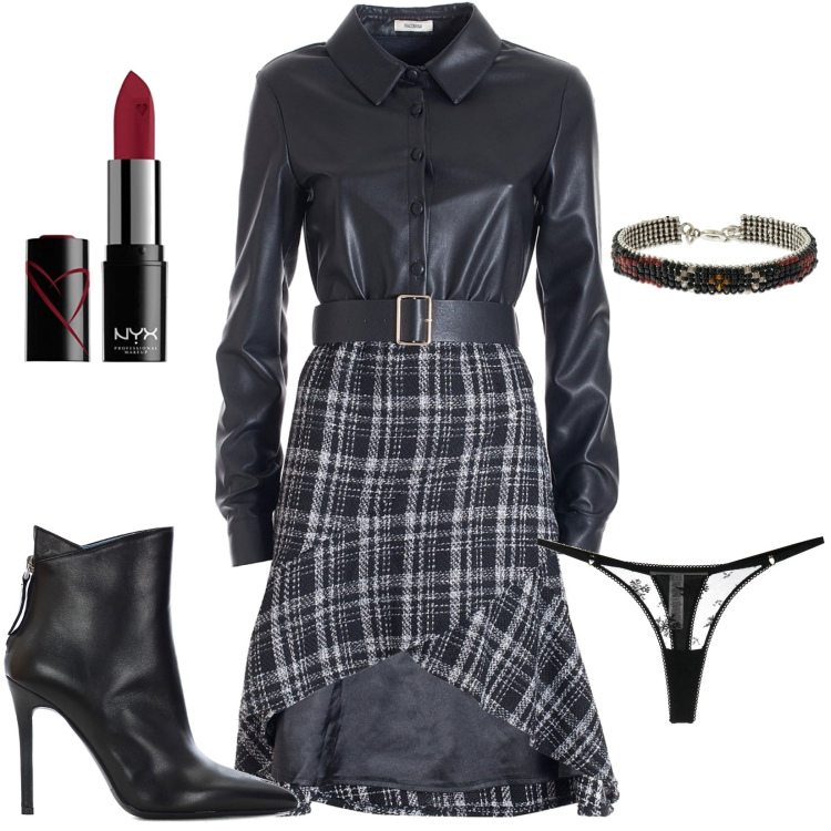 Outfit donna - Trendy #17241. Stile Trendy per Tutti i giorni. Abbinamento con stivaletti, vestiti asimmetrici, perizomi, braccialetti, rossetti.