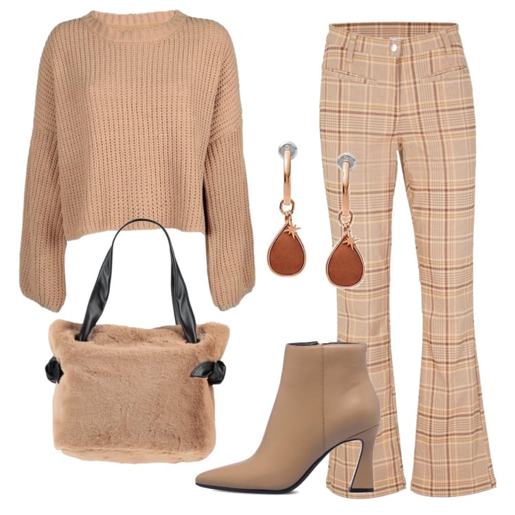 Outfit donna - Toni crema. Stile Casual chic per Tutti i giorni. Abbinamento con pantaloni, borse a mano, maglieria, stivaletti, orecchini.