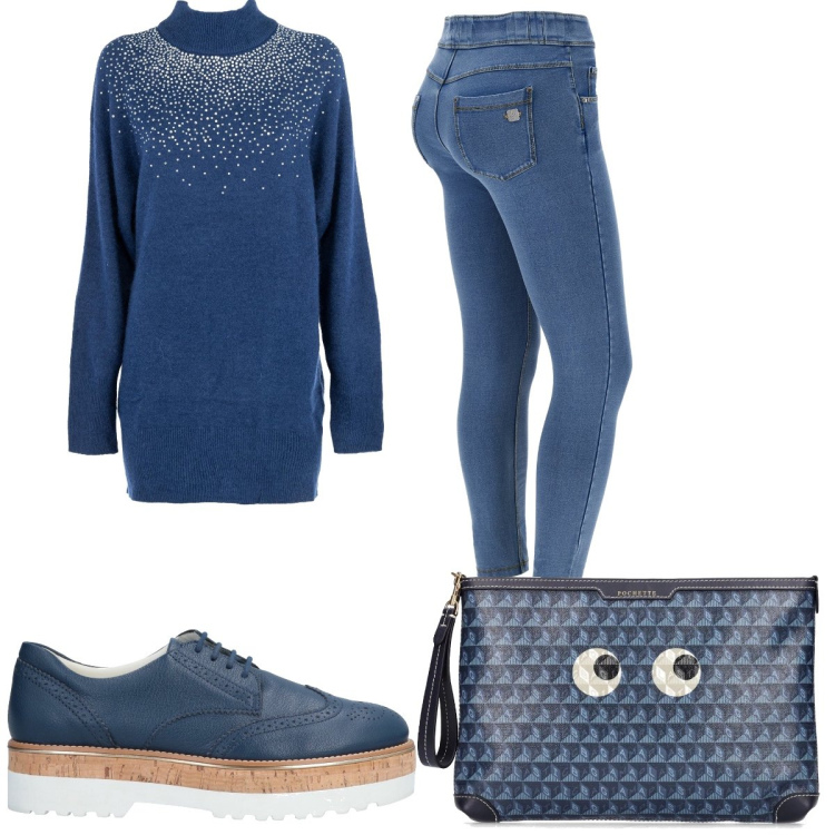 Outfit donna - Maglioncino con strass. Stile Casual per Tutti i giorni. Abbinamento con scarpe stringate, pantaloni skinny, maglieria, pochette.