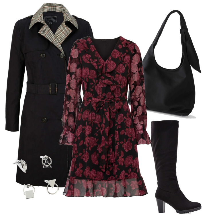 Outfit donna - Pomeriggio con le amiche. Stile Bon Ton per Tutti i giorni. Abbinamento con stivali, vestiti, trench, borse a tracolla, orecchini.