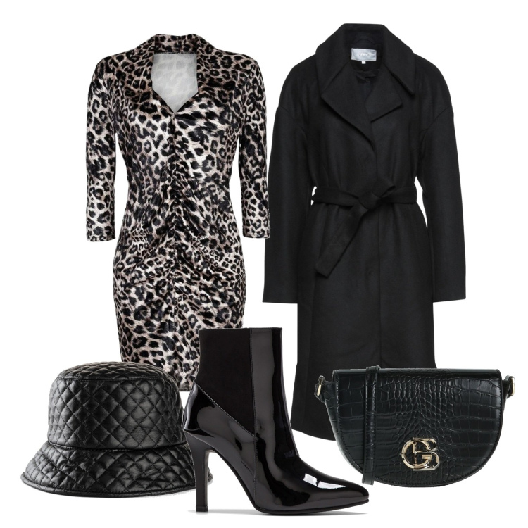 Outfit donna - Ghost outfitter - animalier fasciante. Stile Casual chic per Serata fuori. Abbinamento con cappelli con visiera, stivaletti, cappotti, borse a tracolla, vestiti.