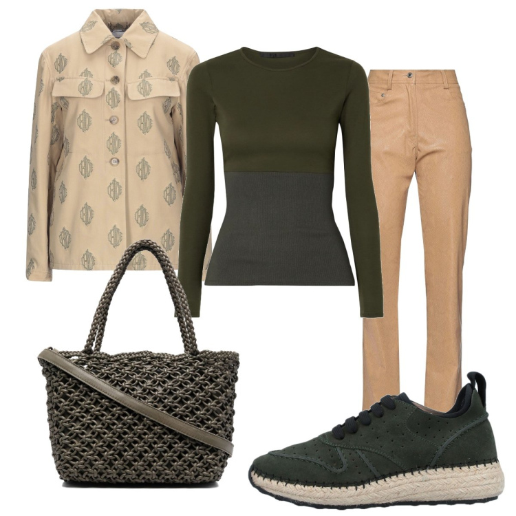 Outfit donna - Beige e verde. Stile Casual per Tutti i giorni. Abbinamento con espadrillas, pantaloni, t-shirt, giacche, borse tote.