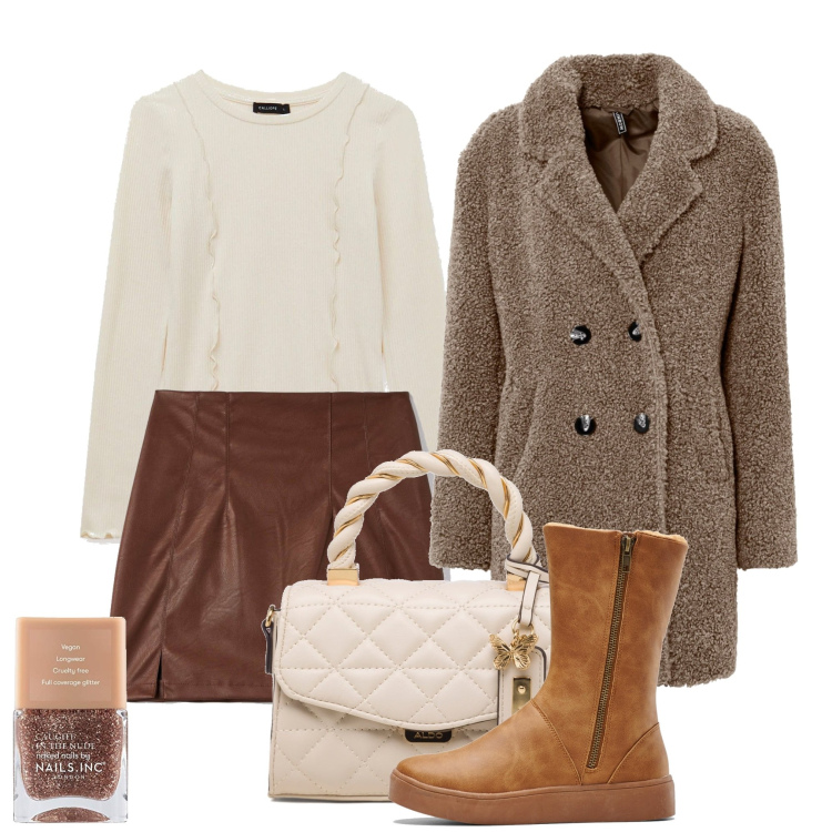 Outfit donna - Cappotto teddy e mini. Stile Trendy per Tutti i giorni. Abbinamento con stivali, cappotti, gonne, t-shirt, borse a mano, smalti.