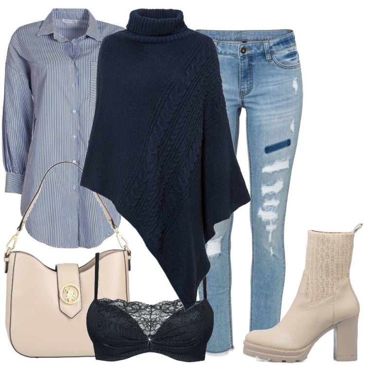 Outfit donna - Poncho con lavorazione a treccia. Stile Casual per Scuola/Università. Abbinamento con reggiseni push-up, cinture, jeans skinny, borse a mano, camicie, stivaletti.