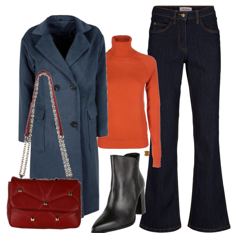 Outfit donna - Il dolcevita arancio sul blu. Stile Casual chic per Tutti i giorni. Abbinamento con jeans bootcut, cappotti, stivaletti, borse a mano, maglieria.
