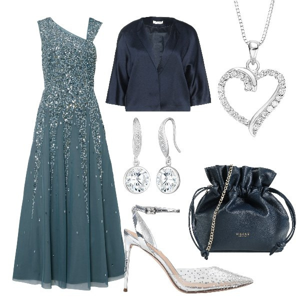 Outfit donna - Total look #1455778. Stile Romantica per Cerimonia. Abbinamento con vestiti lunghi, décolleté, blazer, borse a tracolla, orecchini, collane.