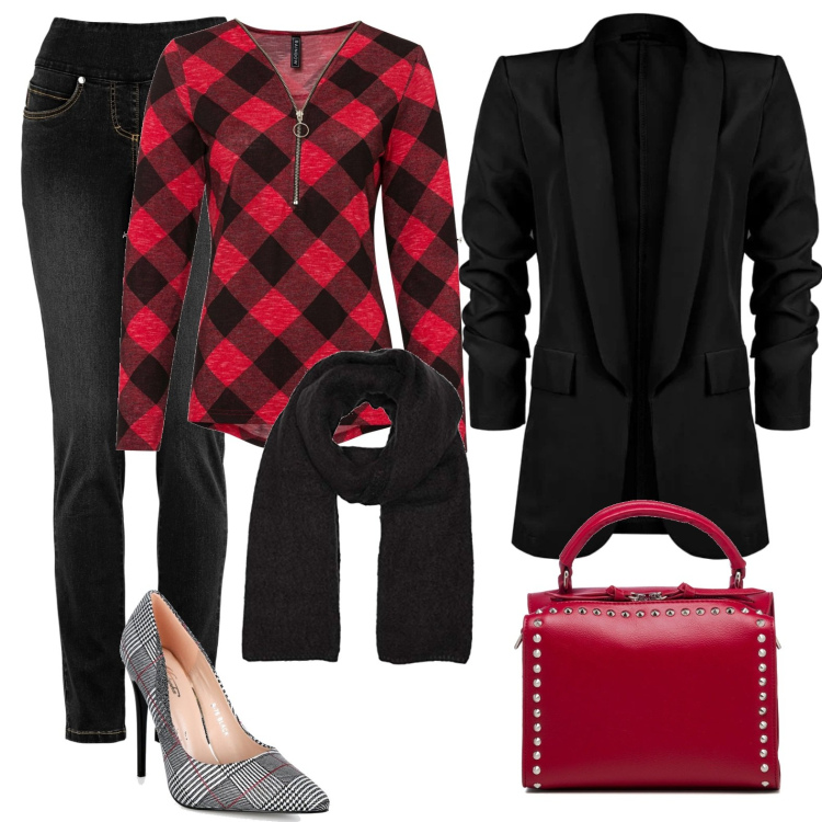 Outfit donna - Red & black. Abbinamento con jeans, maglieria, blazer, décolleté, borse a mano, sciarpe.
