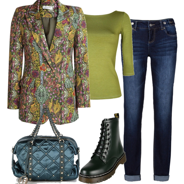 Outfit donna - In città. Stile Trendy per Tutti i giorni. Abbinamento con jeans boyfriend, blazer, anfibi, t-shirt, borse a mano.