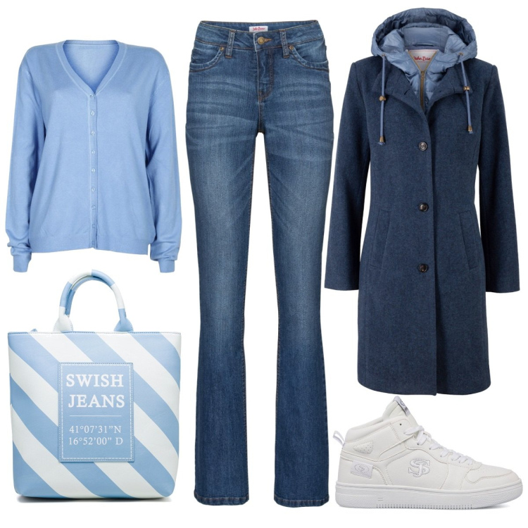 Outfit donna - Basic Invernale. Stile Basic per Tutti i giorni. Abbinamento con cappotti, jeans bootcut, cardigans, shopping bag, sneakers alte.
