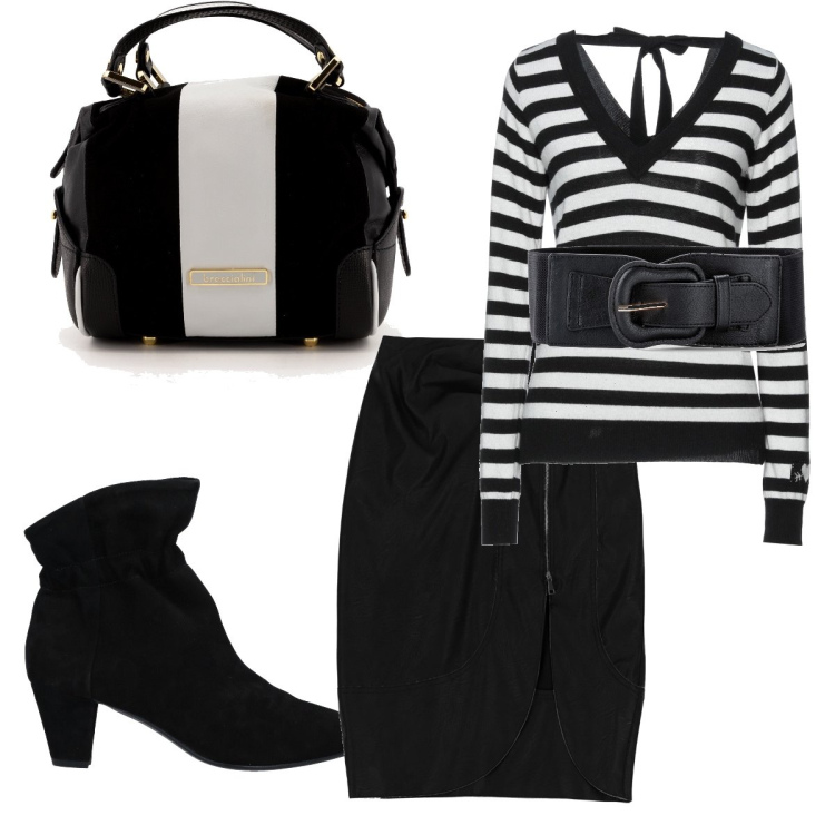 Outfit donna - Millerighe. Stile Casual chic per Serata fuori. Abbinamento con cinture, pullovers, stivaletti, gonne longuette, borse a tracolla.