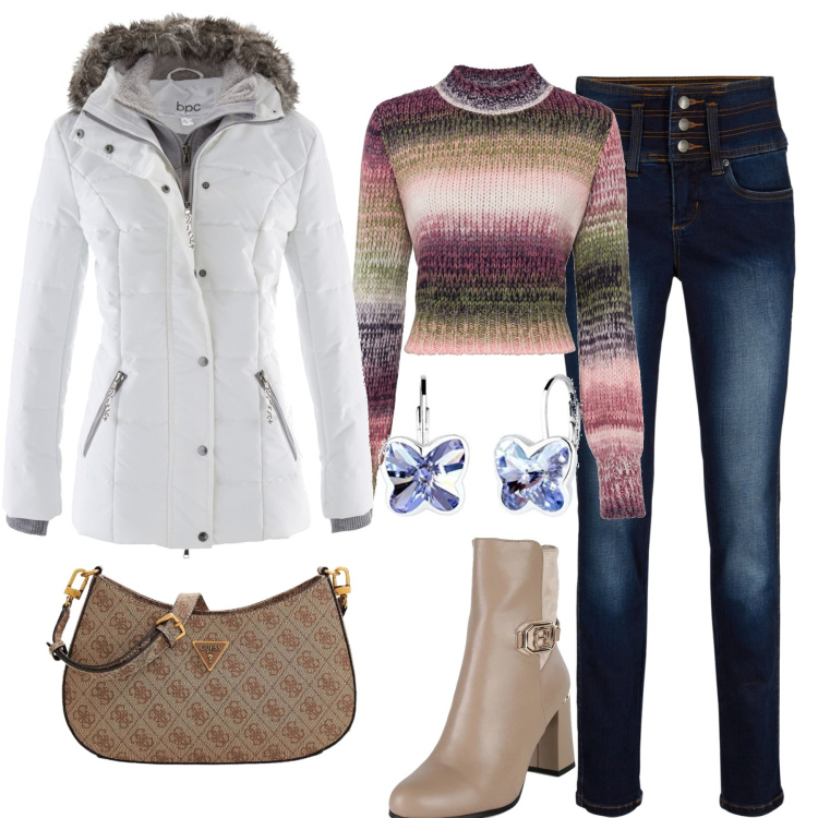 Outfit donna - In città. Stile Casual chic per Tutti i giorni. Abbinamento con piumini, maglieria, jeans, stivaletti, borse a tracolla, orecchini.