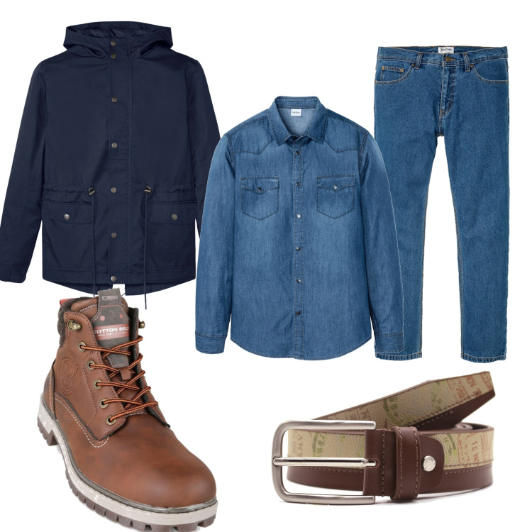 Outfit uomo - Total look #1456279. Stile Casual per Tutti i giorni. Abbinamento con jeans dritti, parka, camicie, stivali e stivaletti, cinture.