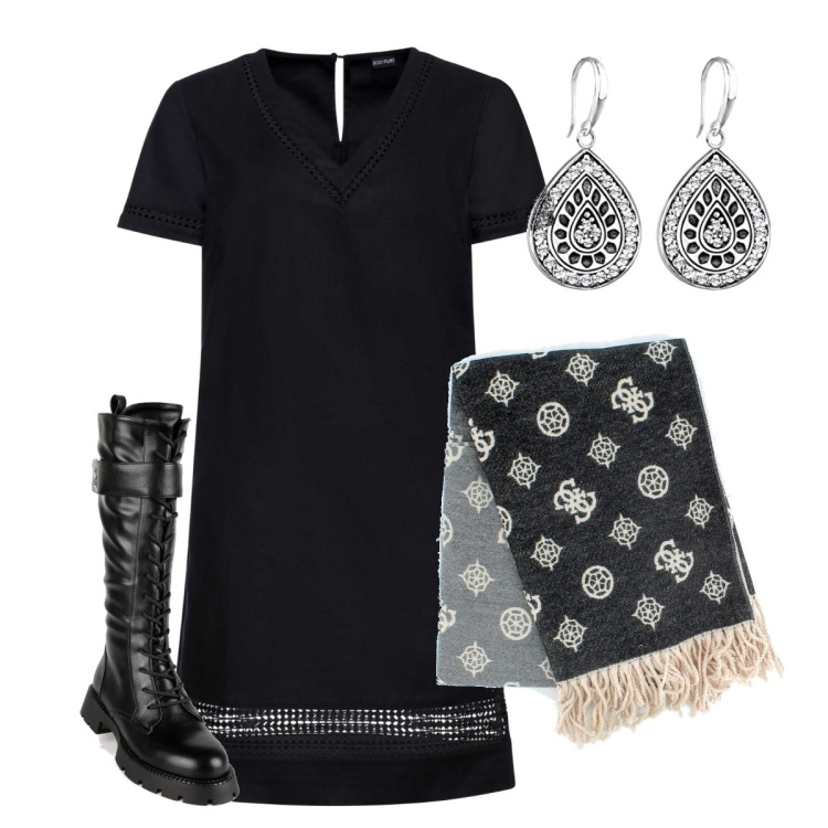 Outfit donna - Con l’anfibio nero. Stile Minimal per Tutti i giorni. look ideale per Petite. Abbinamento con vestiti, anfibi, sciarpe, orecchini.