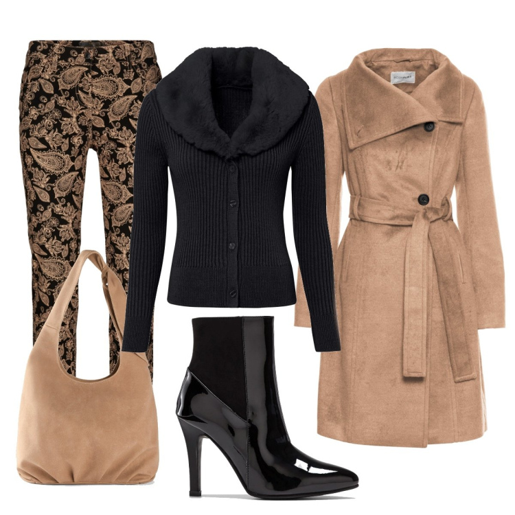 Outfit donna - Caldo autunno. Stile Casual chic per Tutti i giorni. Abbinamento con pantaloni, cardigans, cappotti, stivaletti, borse a tracolla.