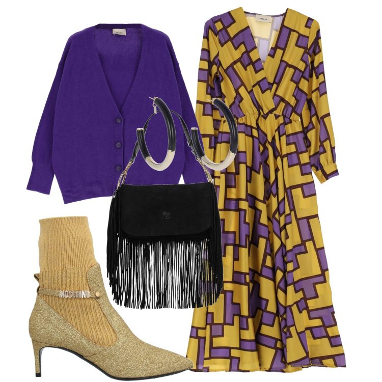 Outfit donna - La festa dagli amici. Stile Chic per Serata fuori. Abbinamento con stivaletti, borse a mano, cardigans, vestiti midi/longuette, orecchini.