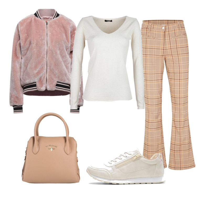 Outfit donna - A lezione. Stile Preppy per Scuola/Università. Abbinamento con pantaloni, sneakers, cappotti, borse a mano, pullovers.