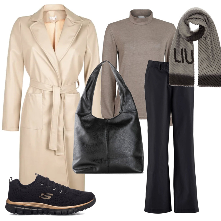 Outfit donna - Casual #18712. Stile Casual per Tutti i giorni. Abbinamento con pantaloni, borse a spalla, trench, maglieria, stole, sneakers.