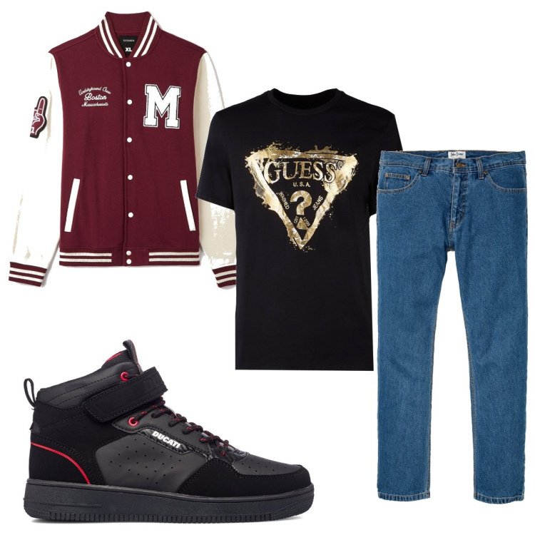 Outfit uomo - Total look #1456615. Stile Trendy per Tutti i giorni. Abbinamento con jeans dritti, bomber, t-shirt, sneakers alte.