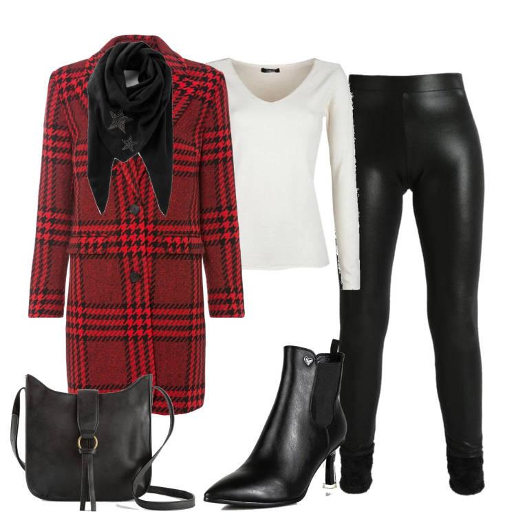 Outfit donna - Il cappotto fantasia check. Stile Casual chic per Tutti i giorni. Abbinamento con foulard, borse a tracolla, cappotti, leggings, stivaletti, pullovers.