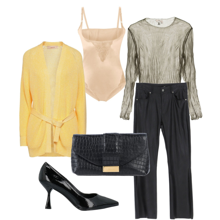 Outfit donna - Cardigan su trasparenze. Stile Casual chic per Serata fuori. Abbinamento con body, décolleté, borse a mano, cardigans, pantaloni, maglieria.
