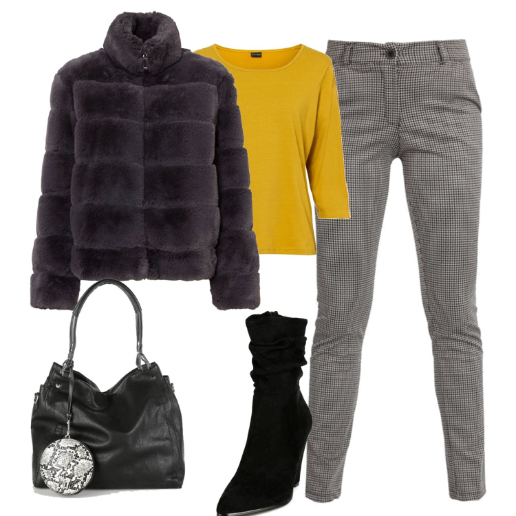 Outfit donna - Il pull giallo. Stile Casual chic per Tutti i giorni. Abbinamento con ecopellicce, maglieria, pantaloni, stivaletti, borse a spalla.